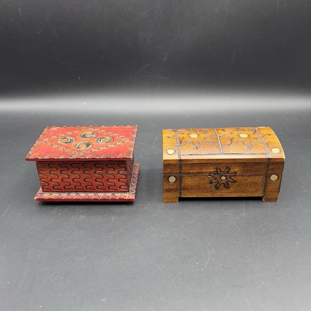 Wooden Carved Hinged Trinket Box Hand Made Poland‎ ~ Set of 2
